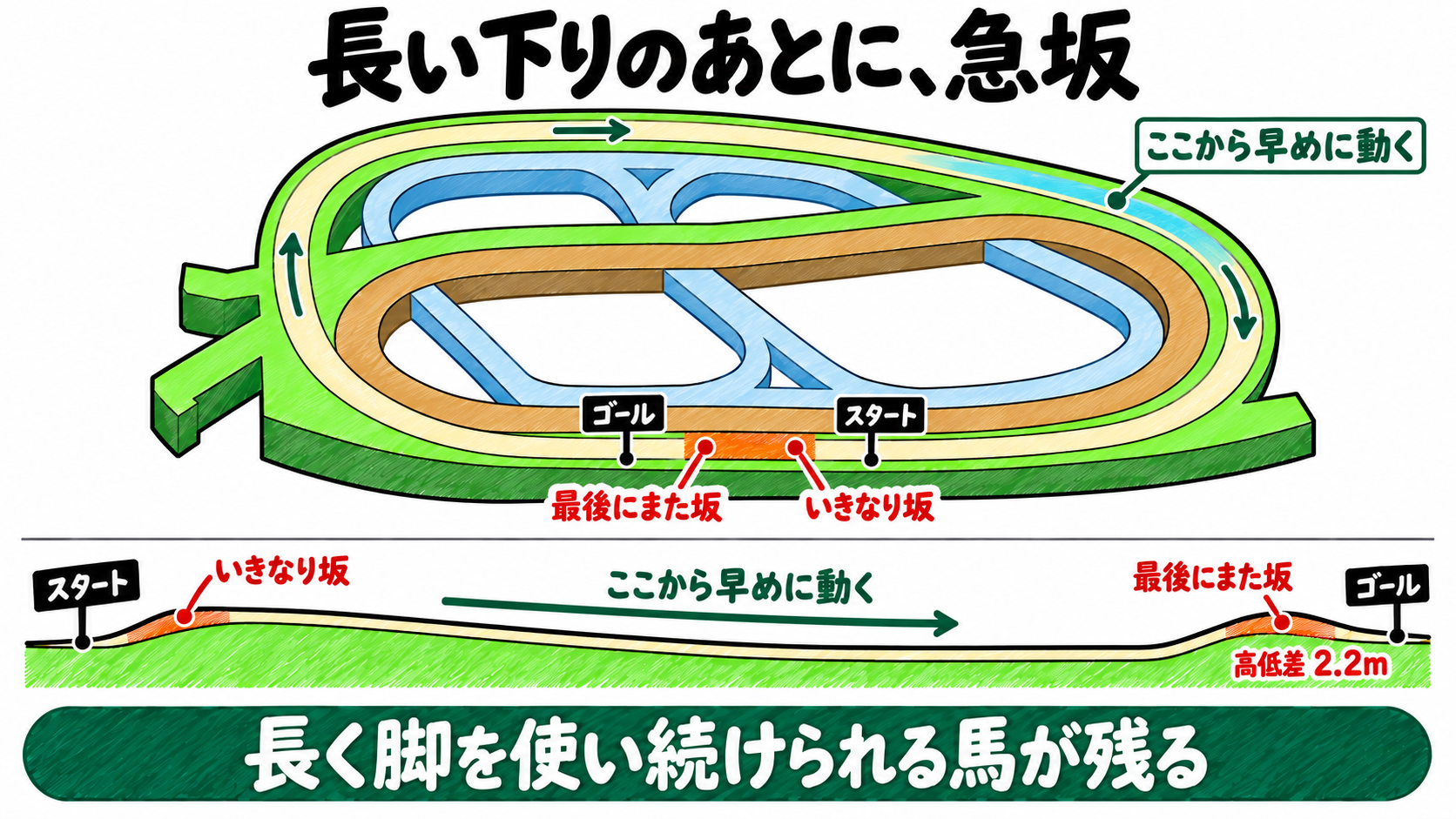 中山・芝2200m外回りは長い下りのあとに急坂。2コーナーから長い下りでここから早めに動く。直線310m・高低差2.2mの急坂。長く脚を使い続けられる馬が残る