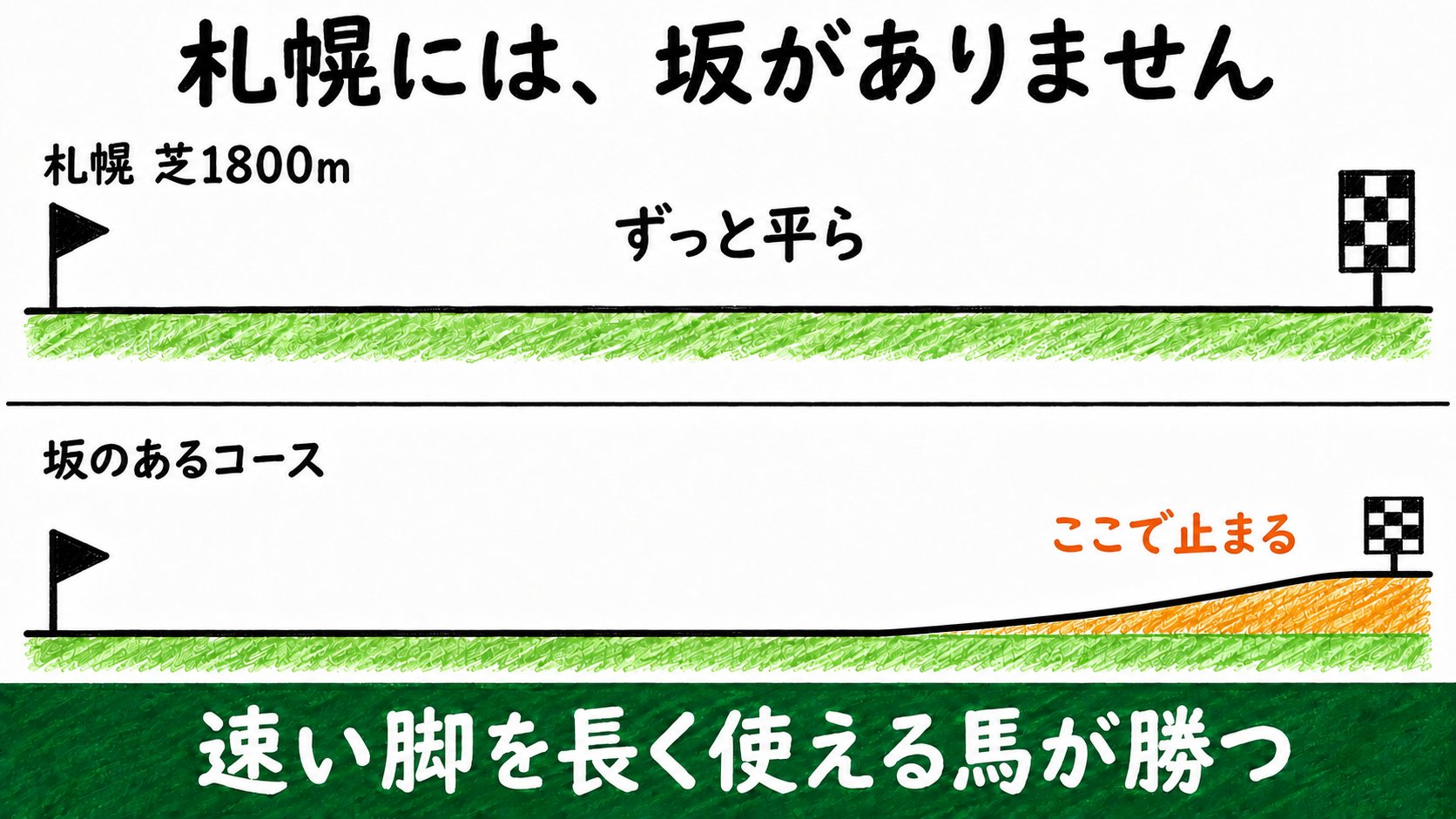 札幌には坂がありません。速い脚を長く使える馬が勝つ
