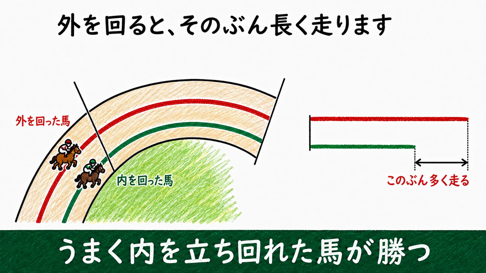 外を回ると、そのぶん長く走ります。うまく内を立ち回れた馬が勝つ