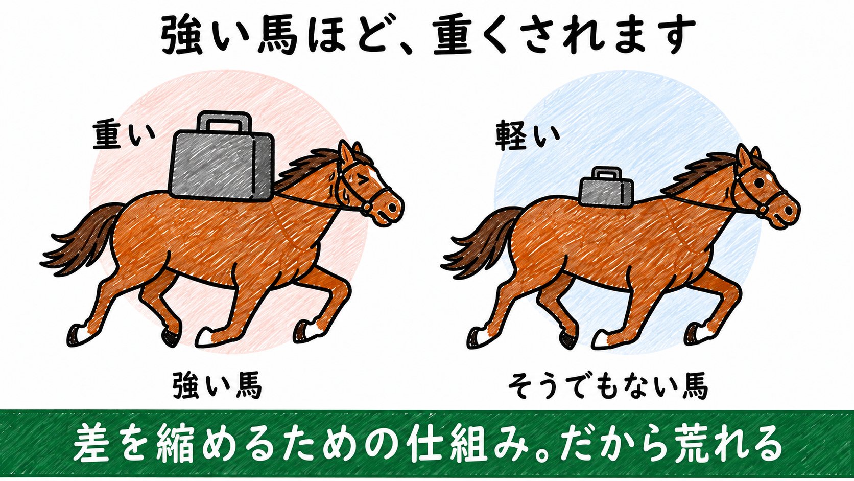 強い馬ほど重くされます。差を縮めるための仕組み。だから荒れる