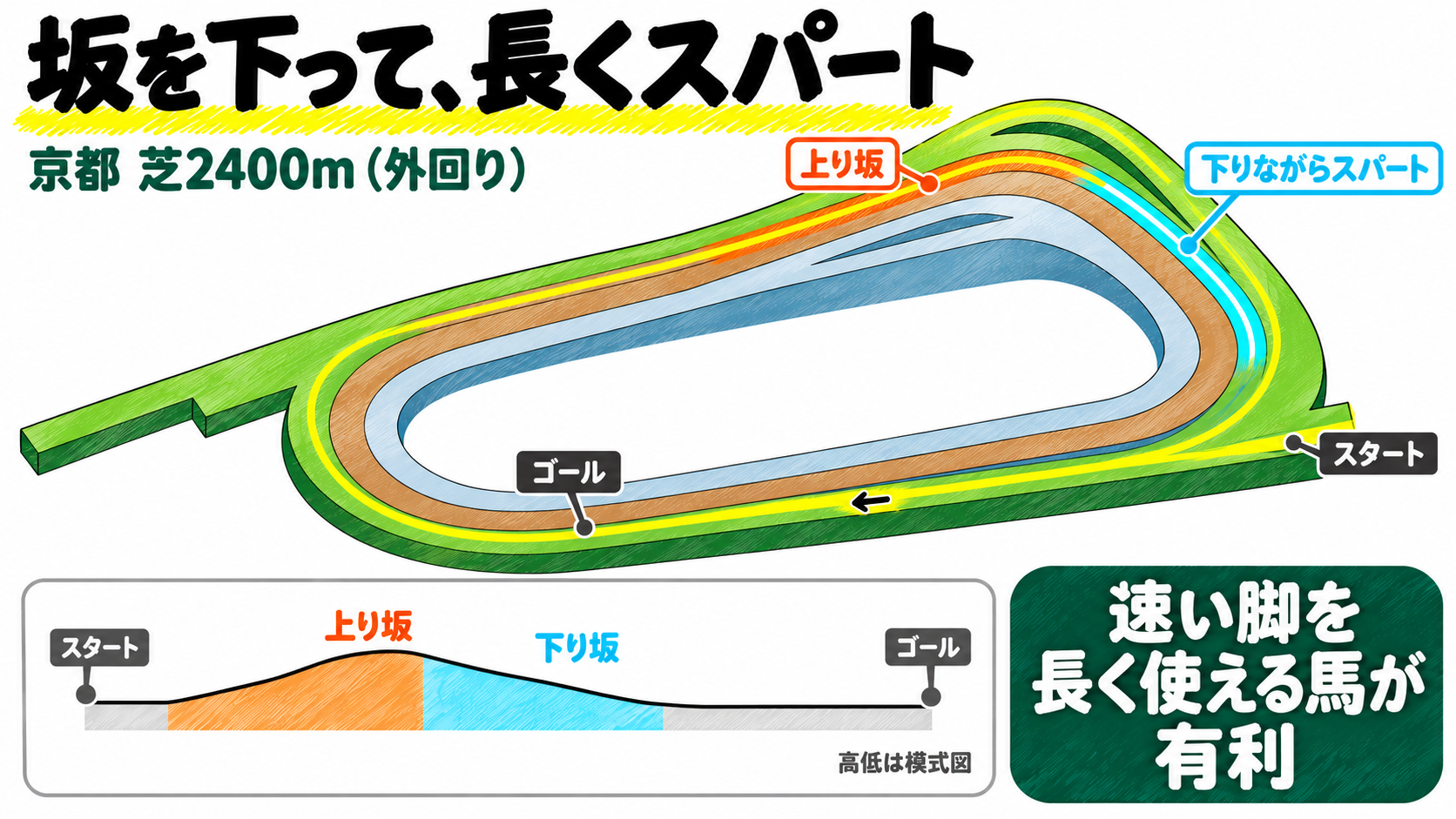 京都芝2400m（外回り）は坂を下って長くスパート。向こう正面からの上り坂を3コーナーで越え、下りながらスパートして最後の直線へ。速い脚を長く使える馬が有利