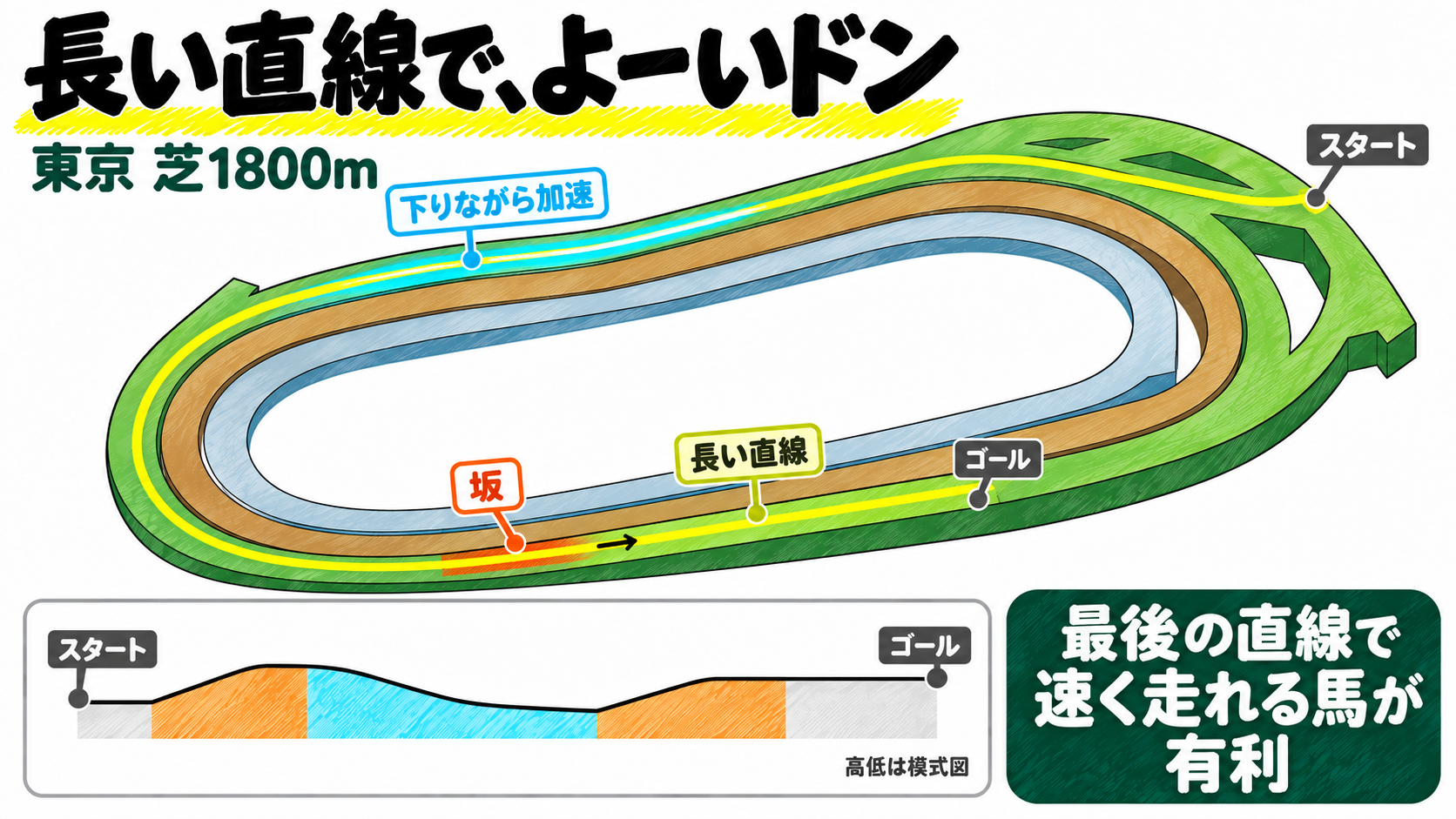東京芝1800mは長い直線で、よーいドン。向こう正面から下りながら加速し、最後の長い直線に入ってすぐ坂を上る。最後の直線で速く走れる馬が有利